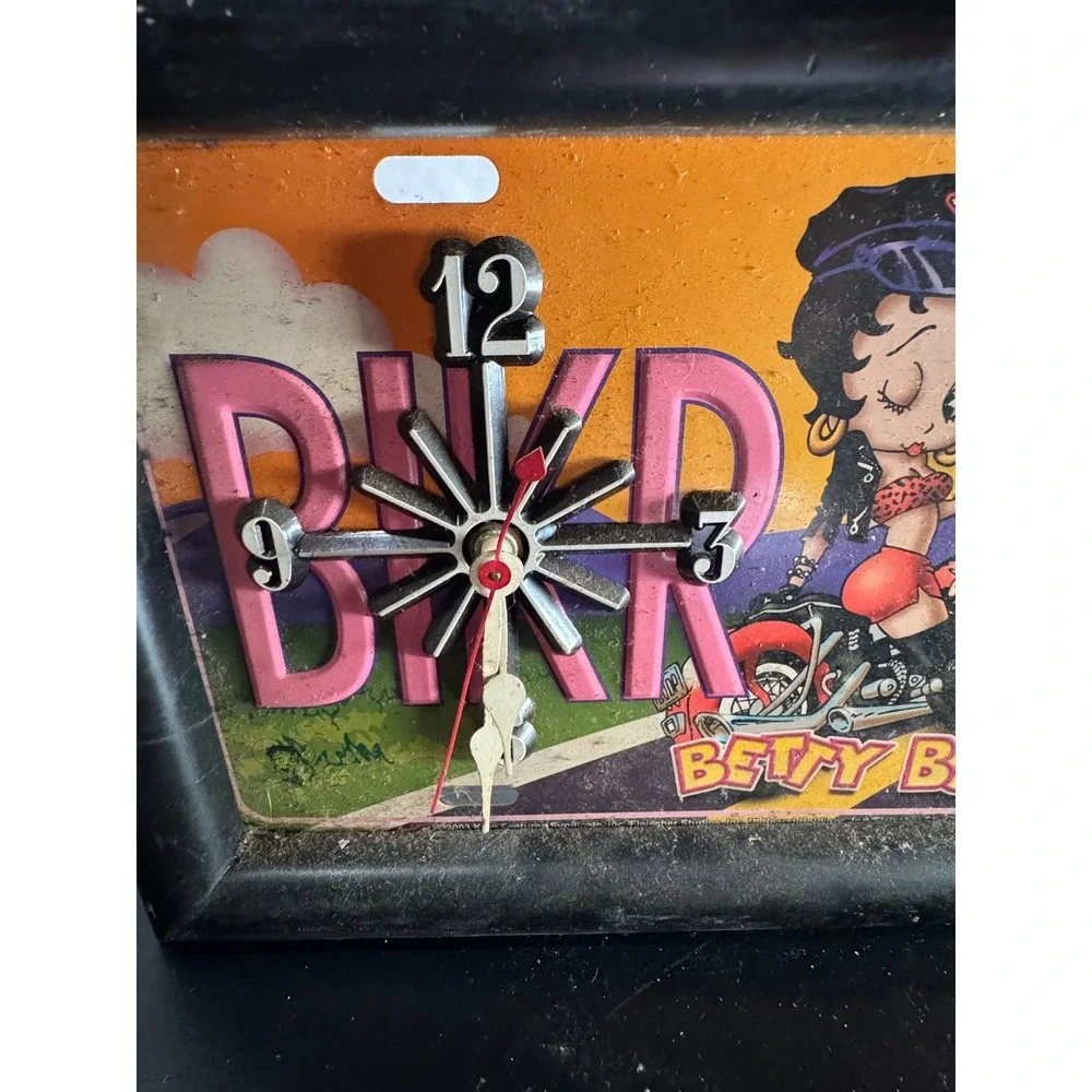 Betty Boop Biker Babe License Plate Wall Clock Retro Motorcycle DecorBlack Frame
